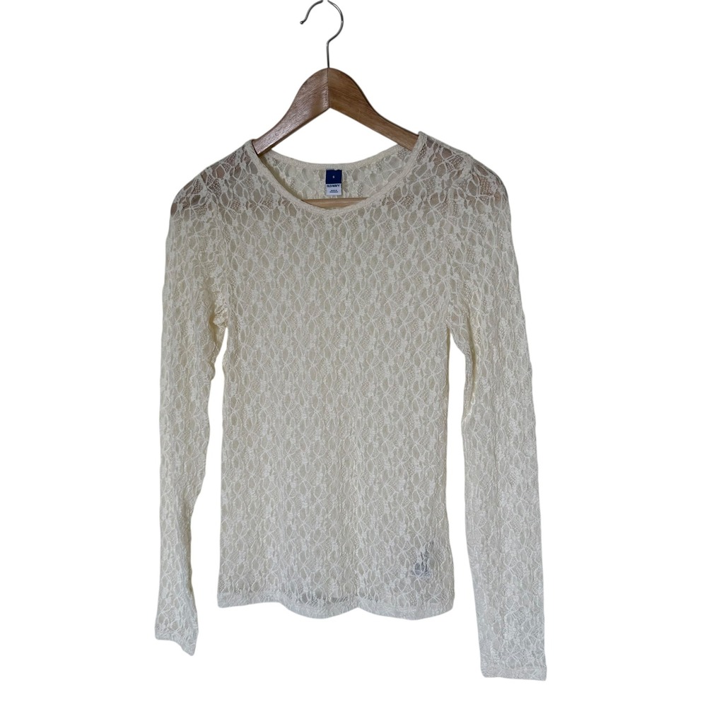 Old Navy Lace Long Sleeve Top Women Small Ivory Excellent Sheer Floral Layering